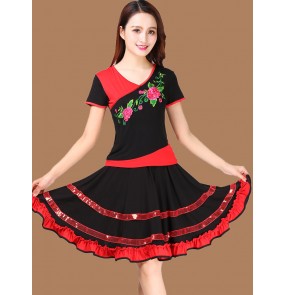 Women ballroom latin dance tops shirts dresses modern dance red hot pink salsa rumba chacha square dancing shorts sleevess shirt and skirts